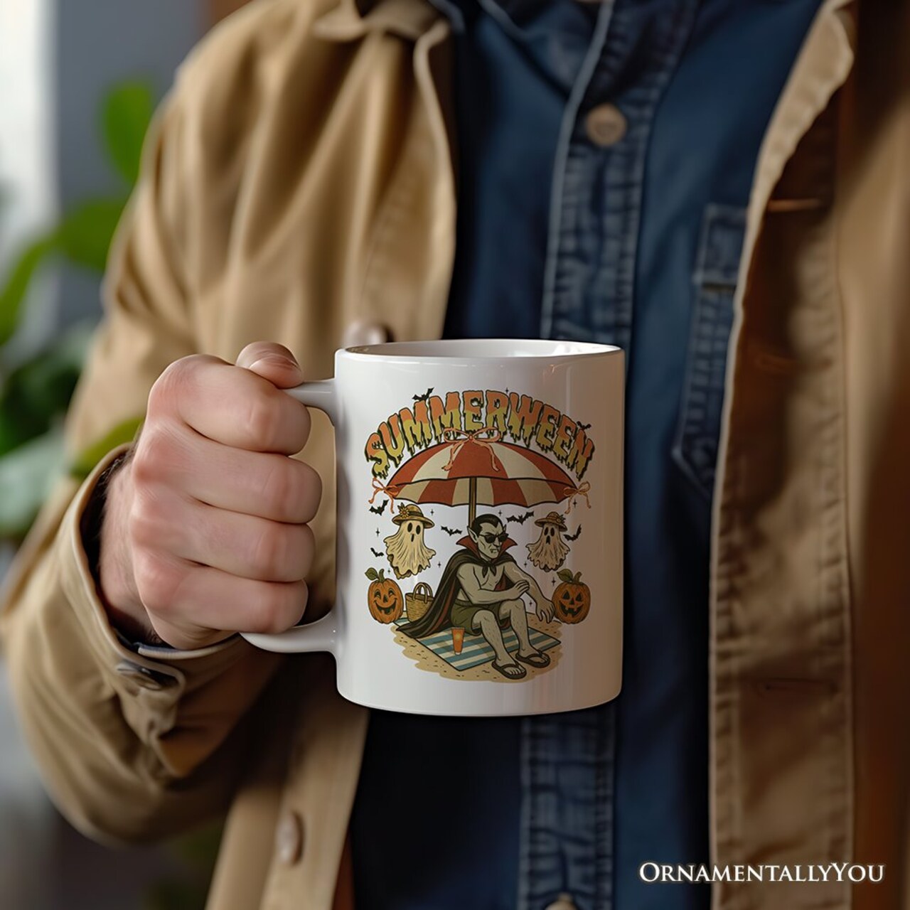 Summerween Vampire Dracula Mug, Retro Halloween Beach Gift for Horror Spooky Summer Season